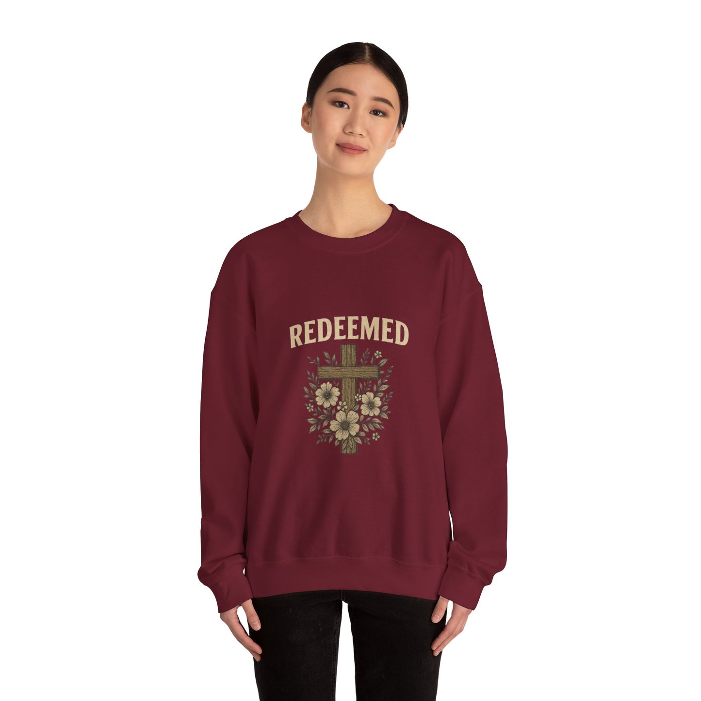 Redeemed Cross Floral Crewneck Sweatshirt — Soft Vintage Christian Sweatshirt
