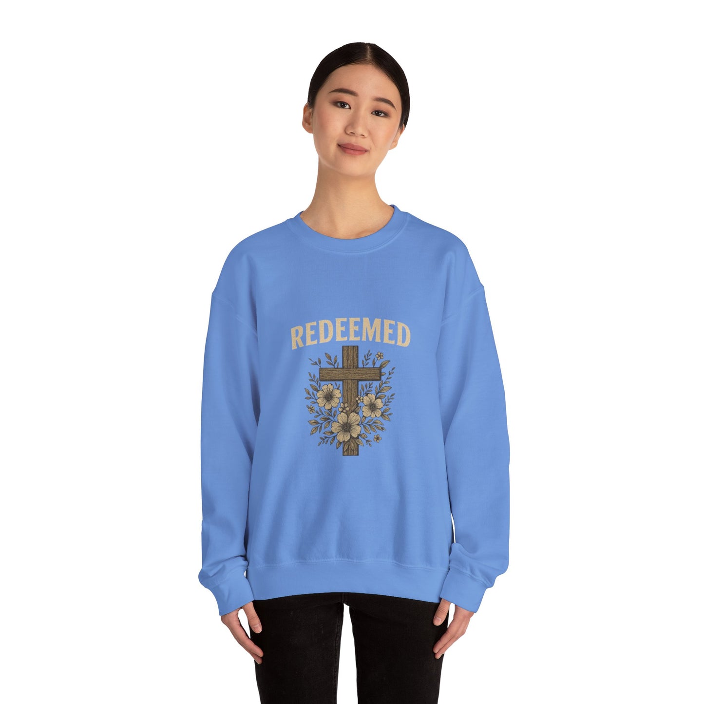 Redeemed Cross Floral Crewneck Sweatshirt — Soft Vintage Christian Sweatshirt