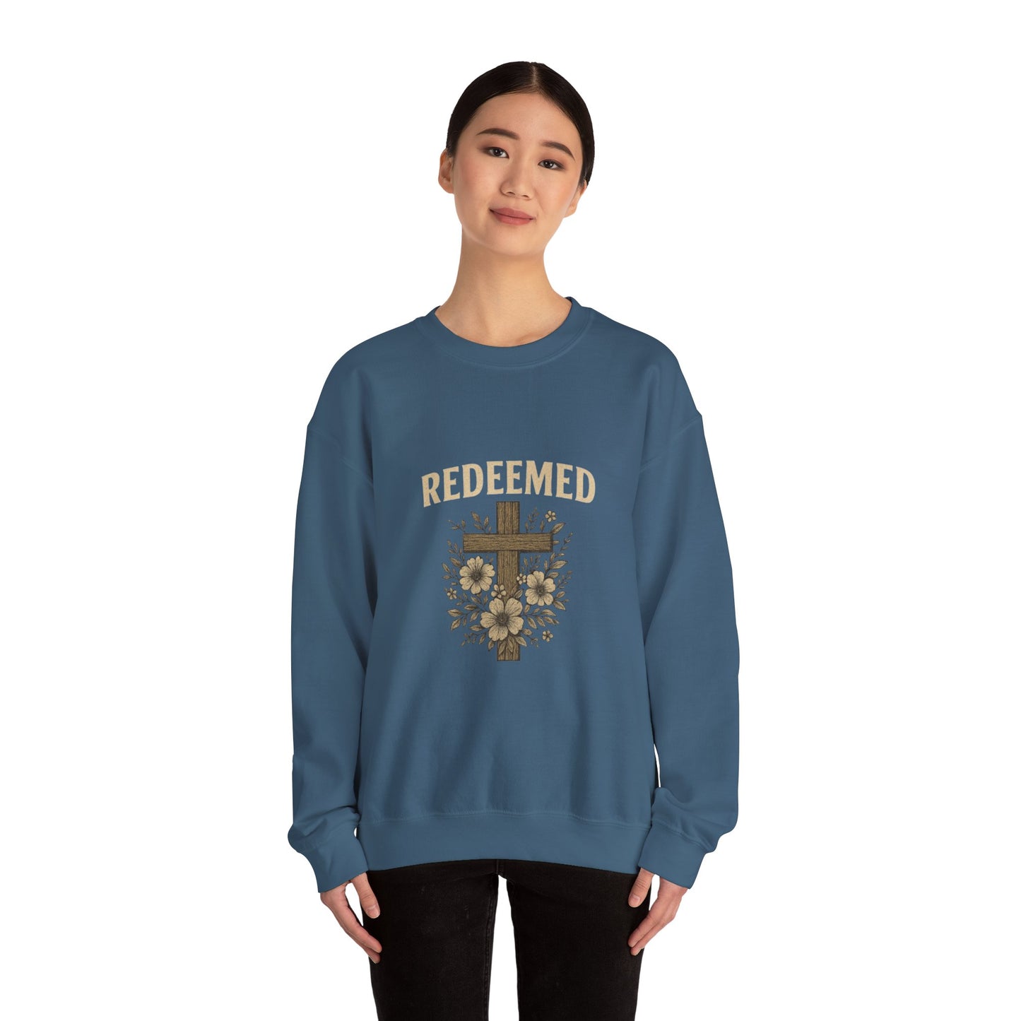 Redeemed Cross Floral Crewneck Sweatshirt — Soft Vintage Christian Sweatshirt