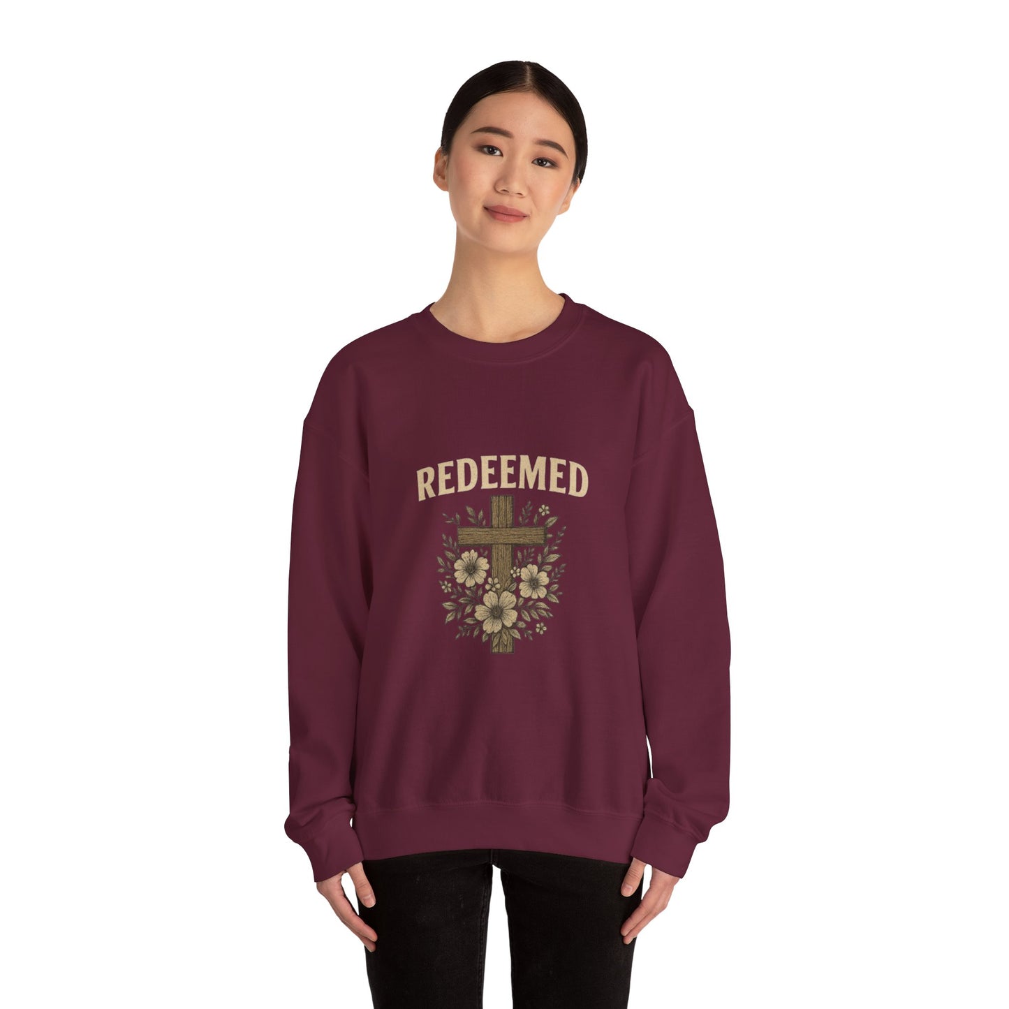 Redeemed Cross Floral Crewneck Sweatshirt — Soft Vintage Christian Sweatshirt