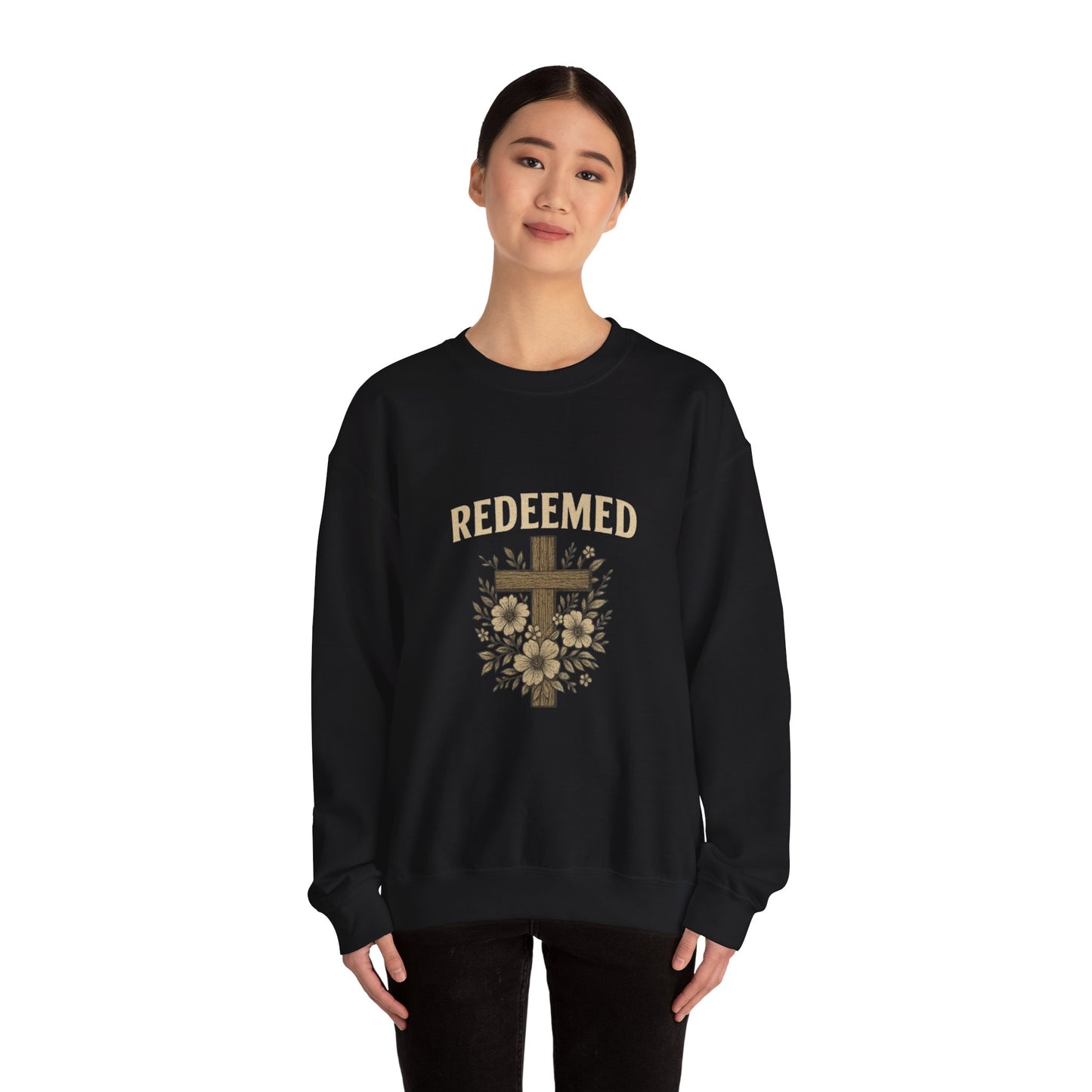 Redeemed Cross Floral Crewneck Sweatshirt — Soft Vintage Christian Sweatshirt