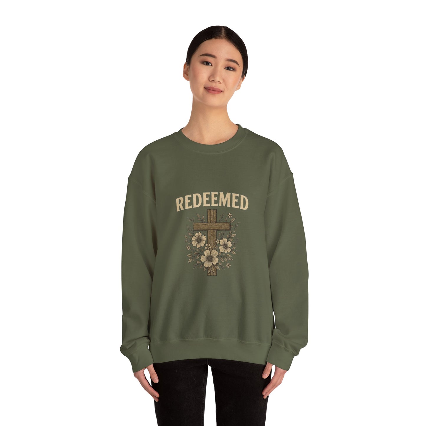 Redeemed Cross Floral Crewneck Sweatshirt — Soft Vintage Christian Sweatshirt