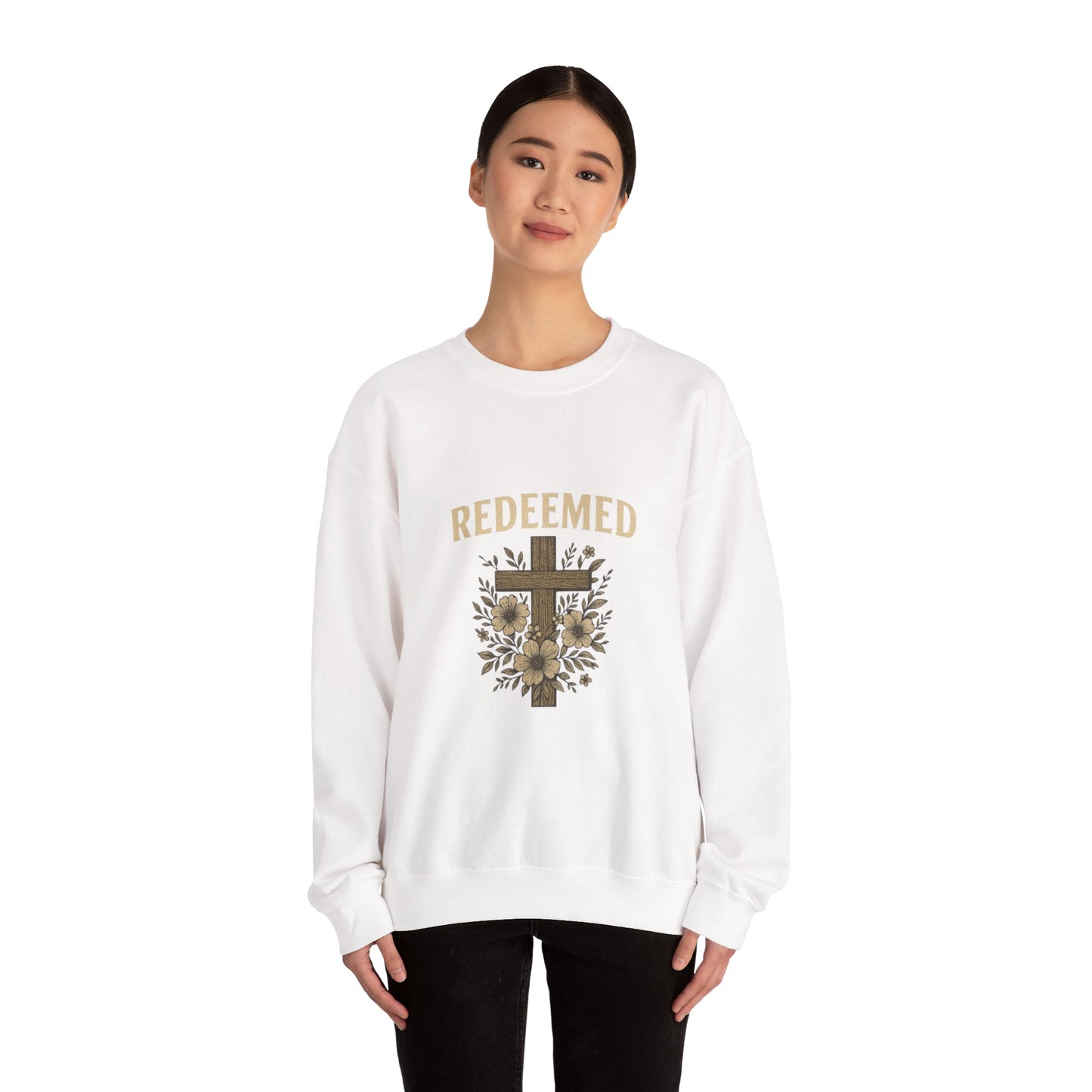 Redeemed Cross Floral Crewneck Sweatshirt — Soft Vintage Christian Sweatshirt