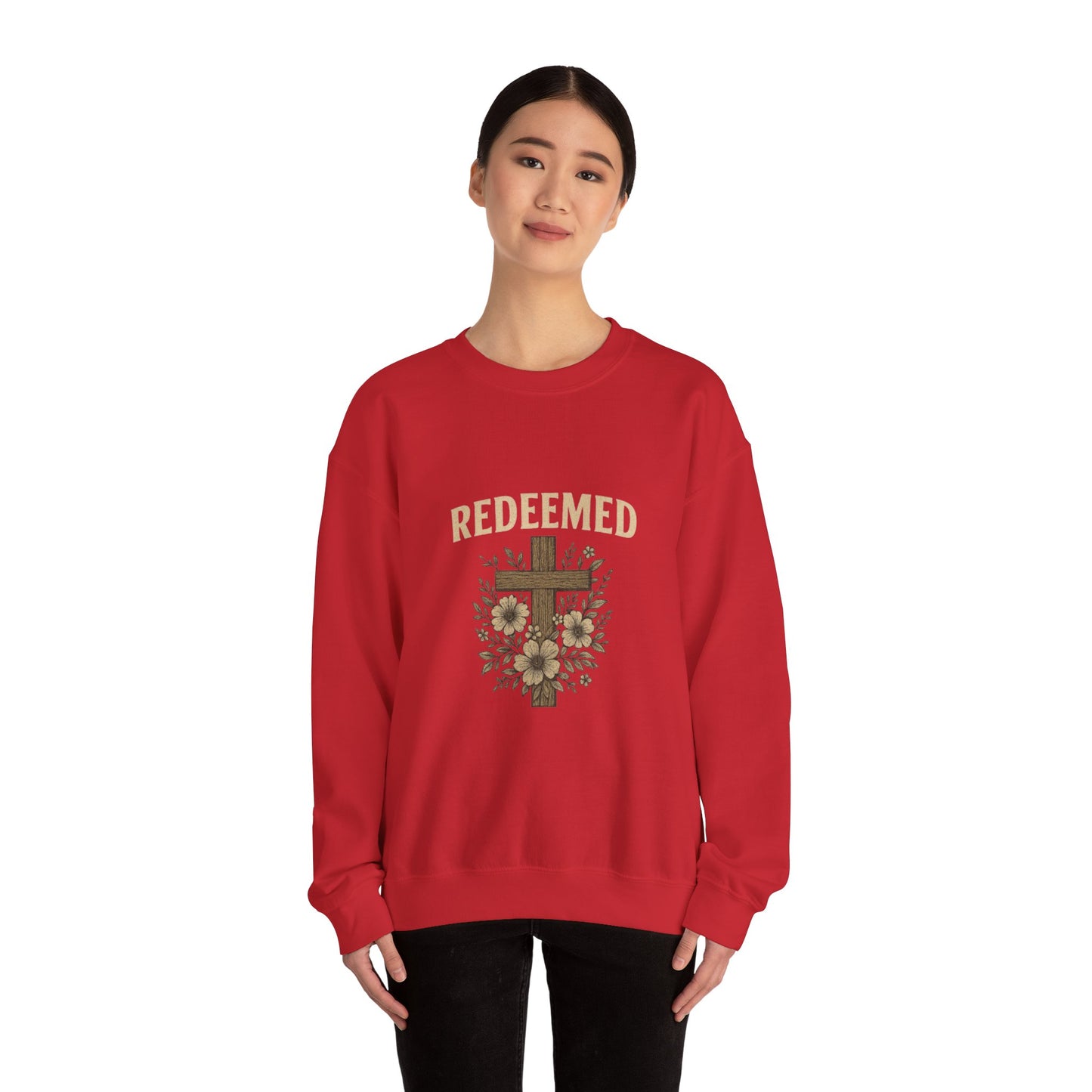 Redeemed Cross Floral Crewneck Sweatshirt — Soft Vintage Christian Sweatshirt